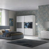 Camera da letto moderna leon con letto contenitore e finitura bianco frassinato con dettagli argento