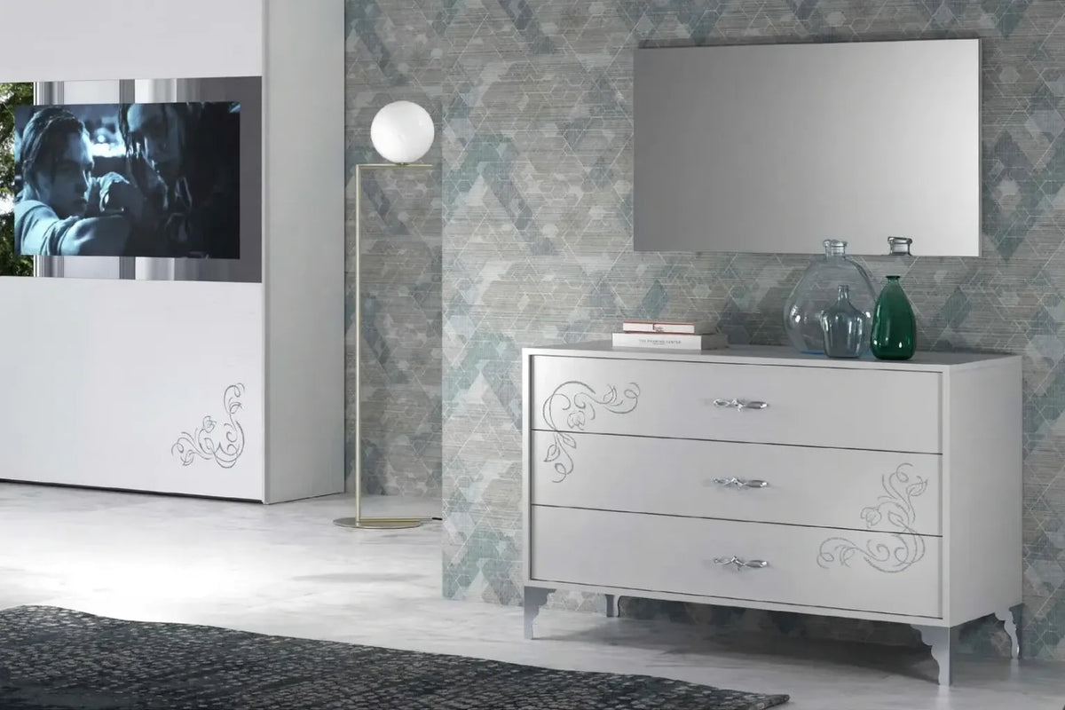 Camera da letto moderna leon con letto contenitore e finitura bianco frassinato con dettagli argento