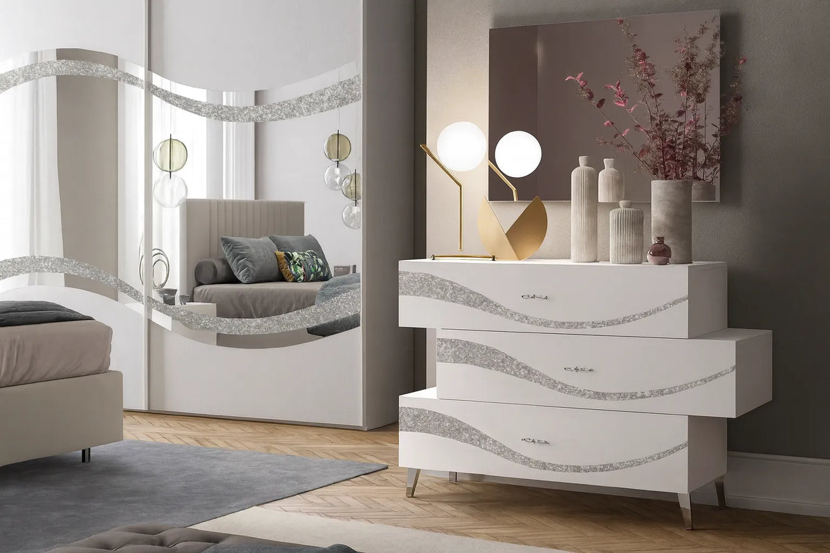 Camera da letto moderna Malta Bianca con letto contenitore e dettagli glitter argento
