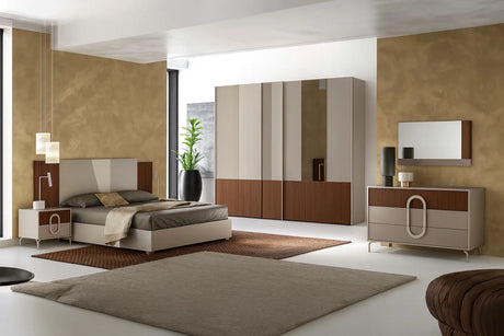Camera da letto completa con letto contenitore e armadio scorrevole tortora e cannettato