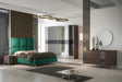 Camera da letto moderna Trieste con letto contenitore verde e armadio scorrevole effetto bronzo