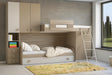 Cameretta Achillea Soppalco in finitura olmo, visone e light grey con due letti, armadi integrati e scaletta frontale.