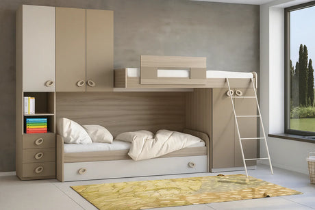 Cameretta Achillea Soppalco in finitura olmo, visone e light grey con due letti, armadi integrati e scaletta frontale.