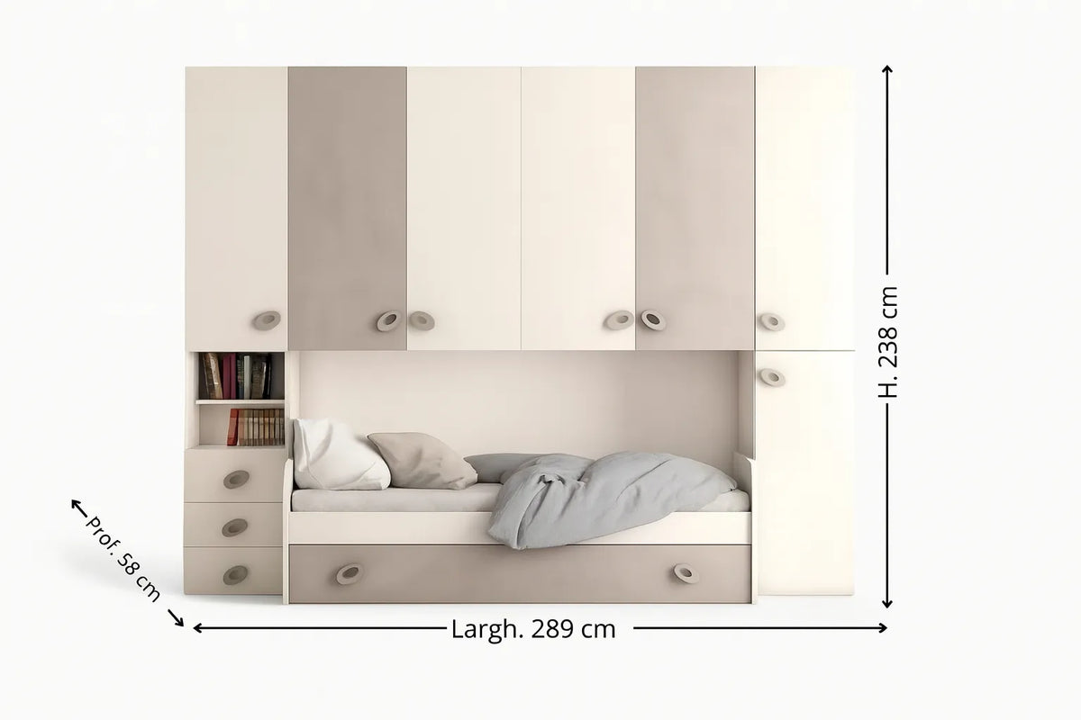 Cameretta Camellia a ponte color calce e cemento con doppio letto e armadio contenitore – Europa Mobili