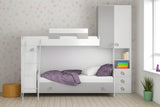Cameretta Ixora Soppalco in finitura bianco frassinato e grigio con due letti, armadi integrati e scala frontale.