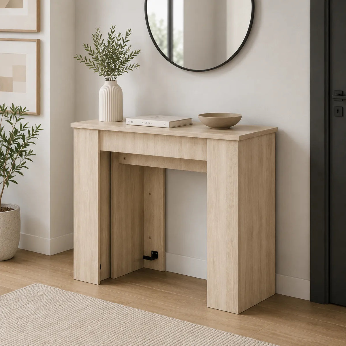 Consolle allungabile salvaspazio in legno MDF estensibile da 78 a 300 cm disponibile nelle finiture olmo, bianco frassinato e cemento.