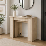 Consolle allungabile salvaspazio in legno MDF estensibile da 78 a 300 cm disponibile nelle finiture olmo, bianco frassinato e cemento.