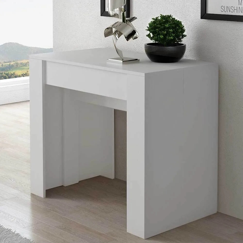 Consolle allungabile salvaspazio in legno MDF estensibile da 78 a 300 cm disponibile nelle finiture olmo, bianco frassinato e cemento.