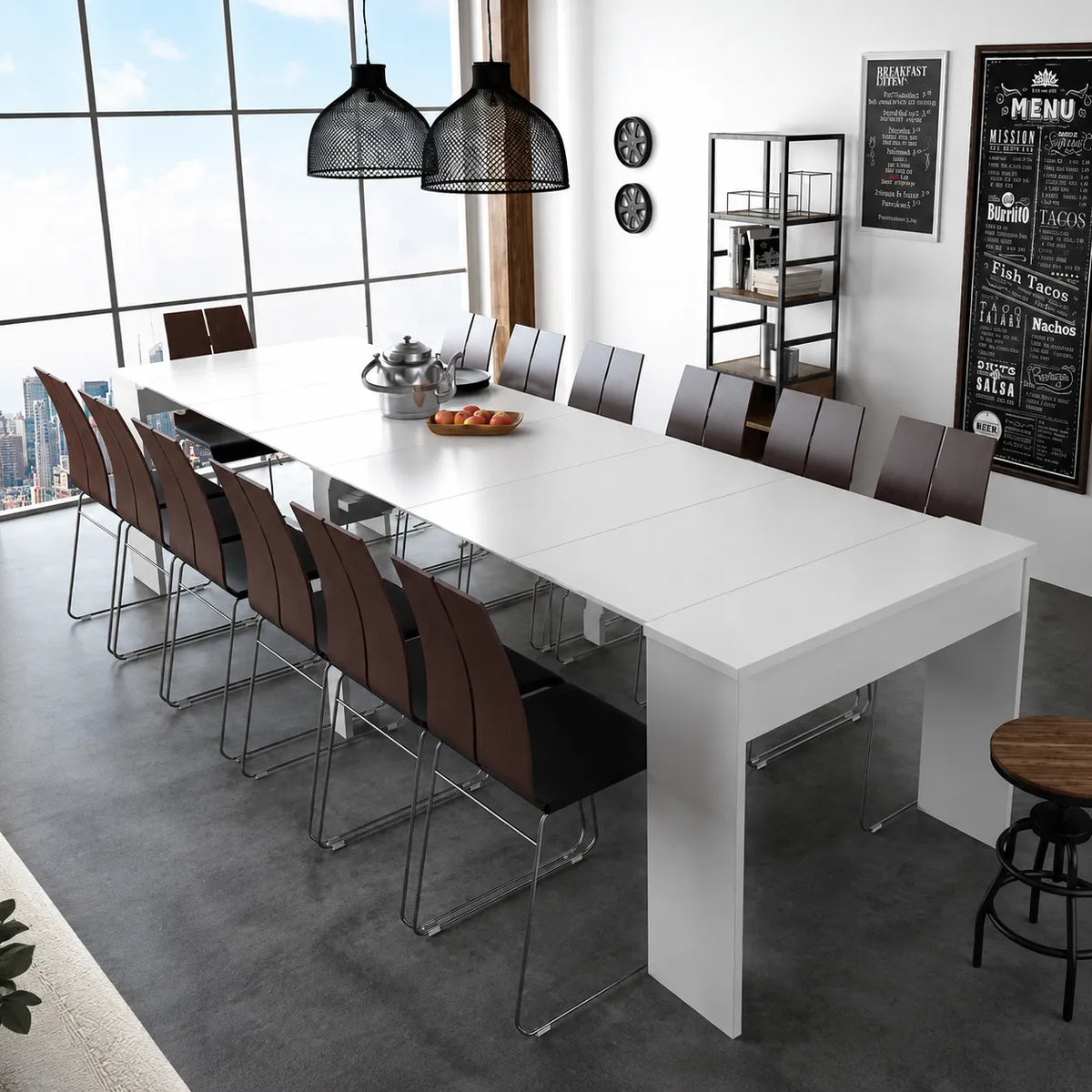 Consolle allungabile salvaspazio in legno MDF estensibile da 78 a 300 cm disponibile nelle finiture olmo, bianco frassinato e cemento.