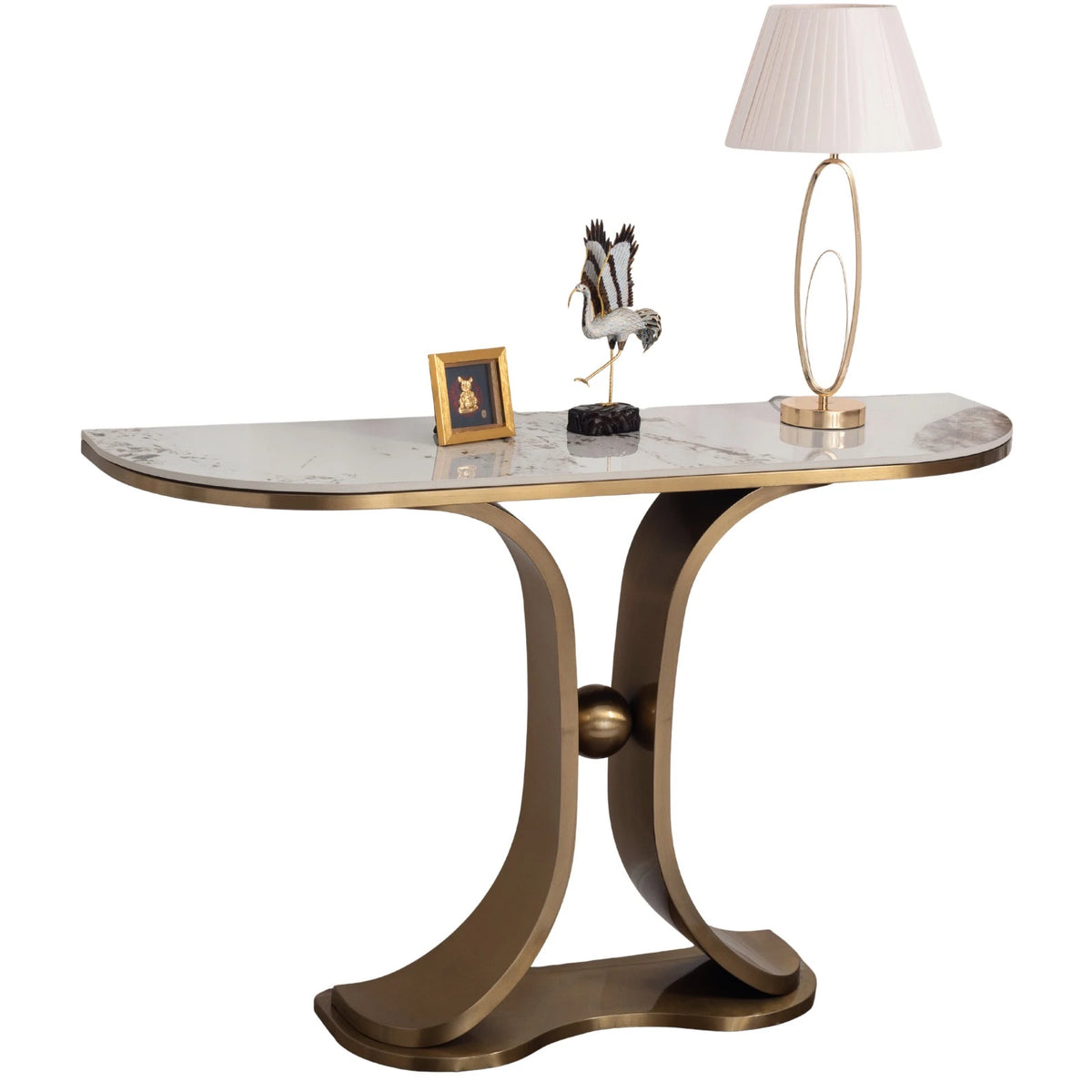 Consolle Venezia con base in metallo oro dal design curvo e piano effetto marmo in ambiente elegante e moderno
