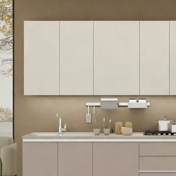 Cucina Armonia 363 cm moderna tortora e cashmere con elettrodomestici inclusi.