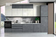 Cucina moderna Eguste da 360 cm in pronta consegna, con finitura grigio spatolato e elettrodomestici Candy inclusi.

