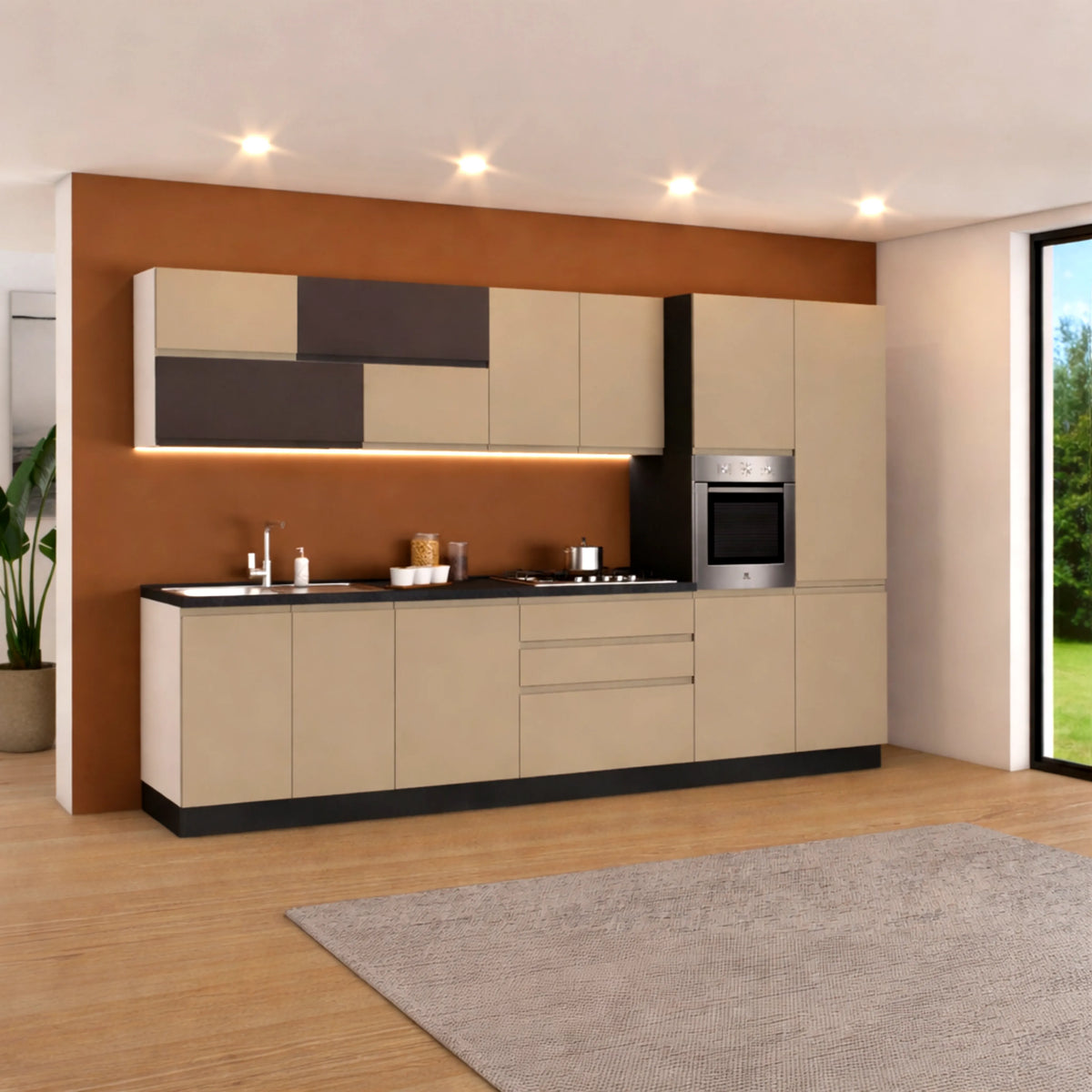 Cucina Evelyn 360 cm moderna in tortora e fango con elettrodomestici inclusi.