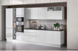 Cucina Kora 360 cm con finitura effetto marmo e pensili grigio chiaro

