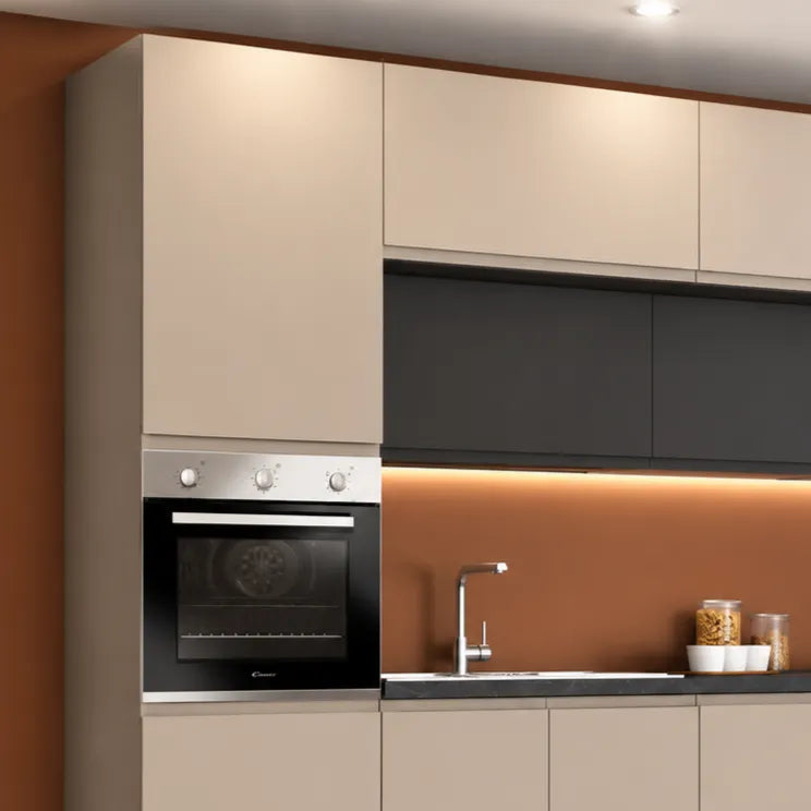 Cucina Luna moderna da 360 cm con apertura a gola, soprapensili ed elettrodomestici inclusi, disponibile in tortora e grigio acciaio.