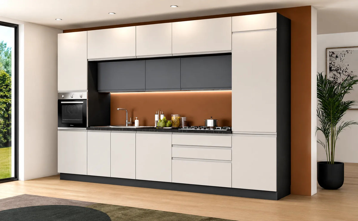 Cucina Luna moderna da 360 cm con apertura a gola, soprapensili ed elettrodomestici inclusi, disponibile in tortora e grigio acciaio.