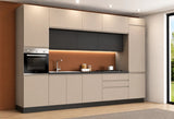 Cucina Luna moderna da 360 cm con apertura a gola, soprapensili ed elettrodomestici inclusi, disponibile in tortora e grigio acciaio.
