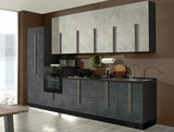 Cucina Maia 300 cm moderna con finitura spatolato ghisa e gesso, completa di elettrodomestici