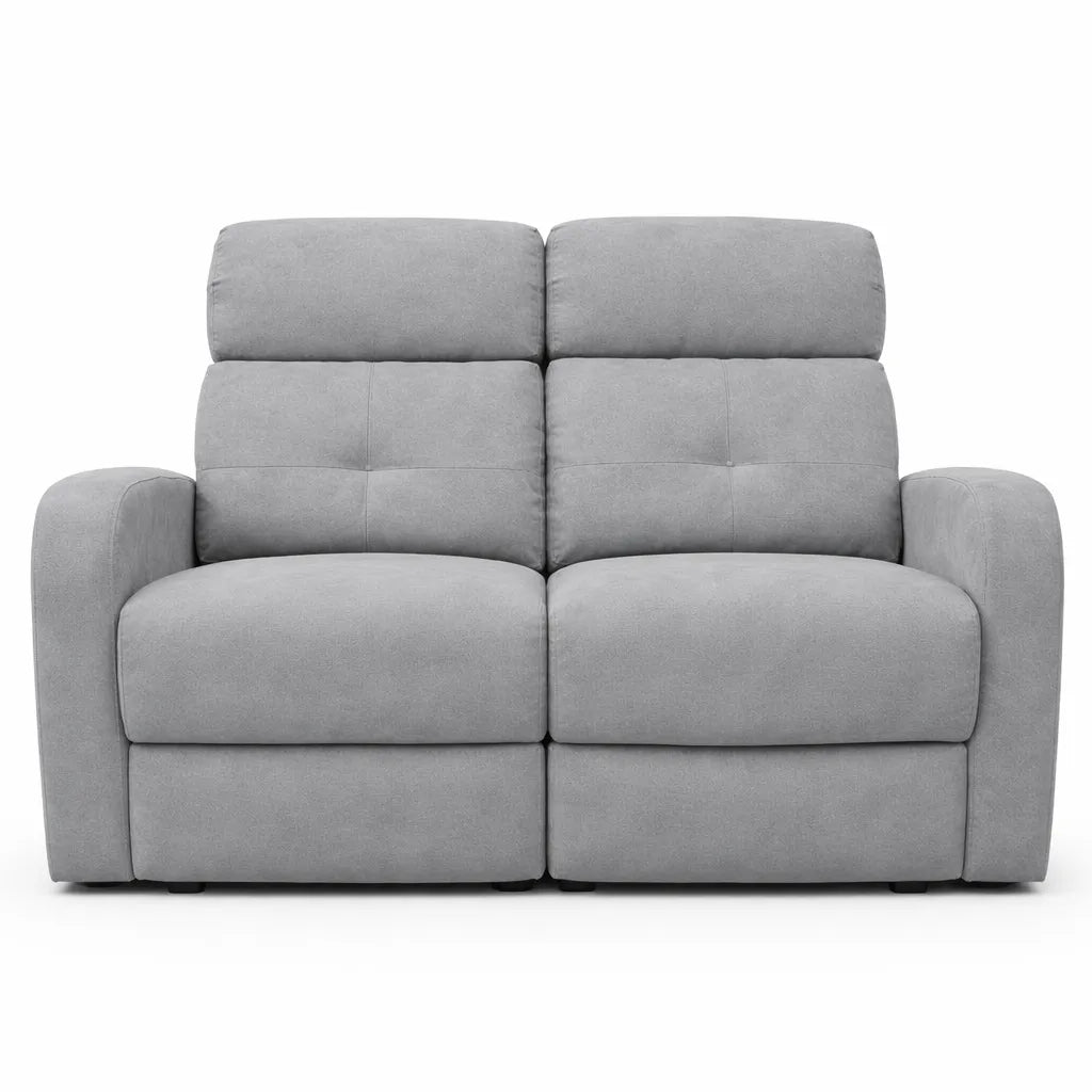 Divano elettrico Cindy 2 posti recliner in tessuto con poggiapiedi e schienale reclinabile colore grigio o tortora.