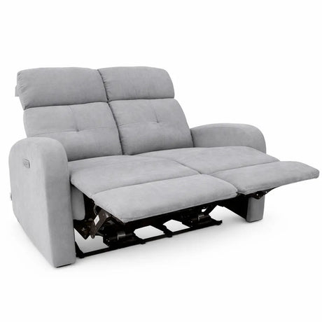 Divano elettrico Cindy 2 posti recliner in tessuto con poggiapiedi e schienale reclinabile colore grigio o tortora.