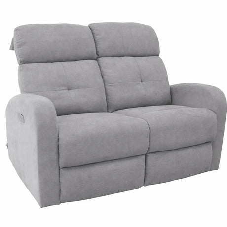 Divano elettrico Cindy 2 posti recliner in tessuto con poggiapiedi e schienale reclinabile colore grigio o tortora.