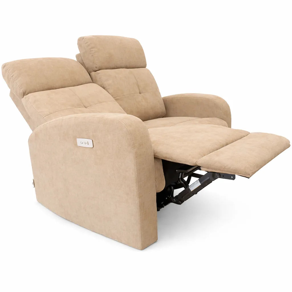 Divano elettrico Cindy 2 posti recliner in tessuto con poggiapiedi e schienale reclinabile colore grigio o tortora.
