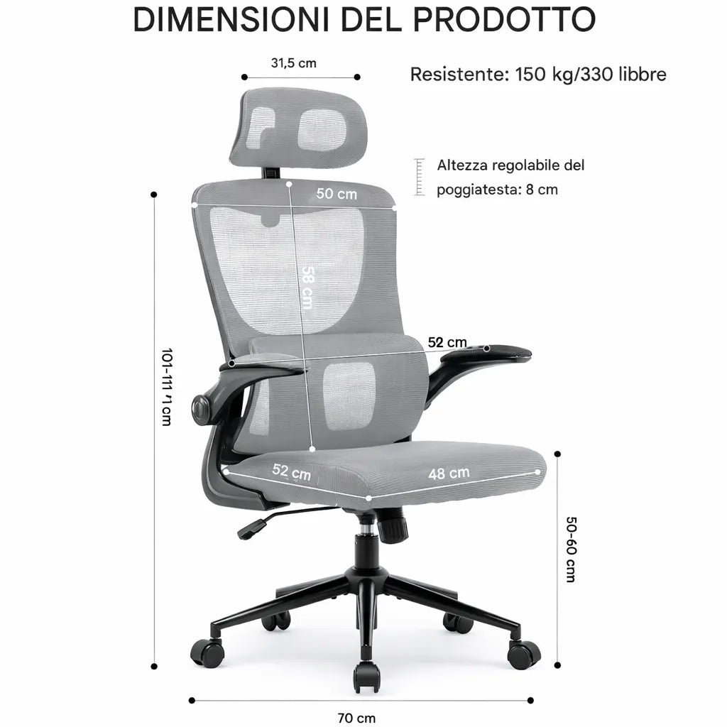 Sedia Ufficio Ergonomica ErgoPro in Rete Traspirante con Poggiatesta