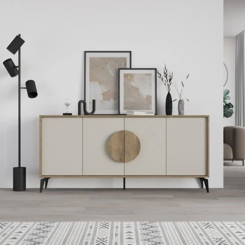 Madia moderna a 4 ante in finitura noce e cashmere con gambe in metallo nero