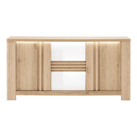 Madia Palazzo 3 ante con finitura Rovere Wellington e Bianco Laccato. Mobile contenitore elegante e moderno Made in Italy, perfetto per il soggiorno.