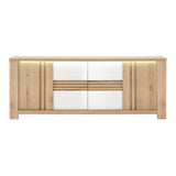 Madia Palazzo 4 ante con finitura Rovere Wellington e Bianco Laccato. Mobile contenitore elegante e moderno Made in Italy, perfetto per il soggiorno.