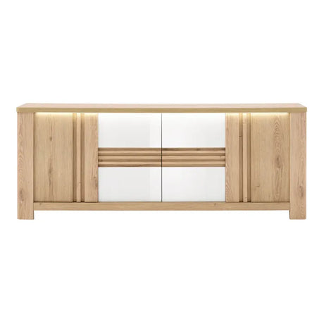 Madia Palazzo 4 ante con finitura Rovere Wellington e Bianco Laccato. Mobile contenitore elegante e moderno Made in Italy, perfetto per il soggiorno.
