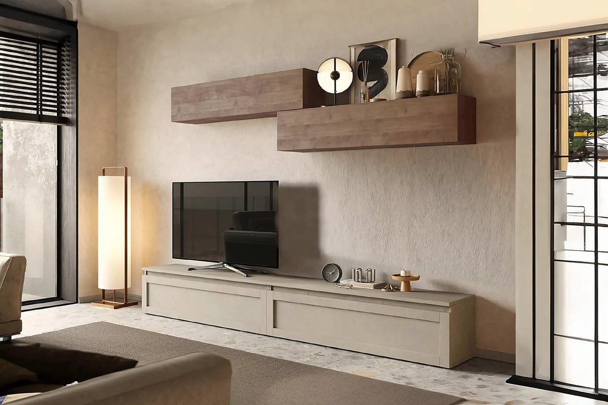 Parete attrezzata Clelia finitura Argilla e Mercure con pensili e base porta TV.