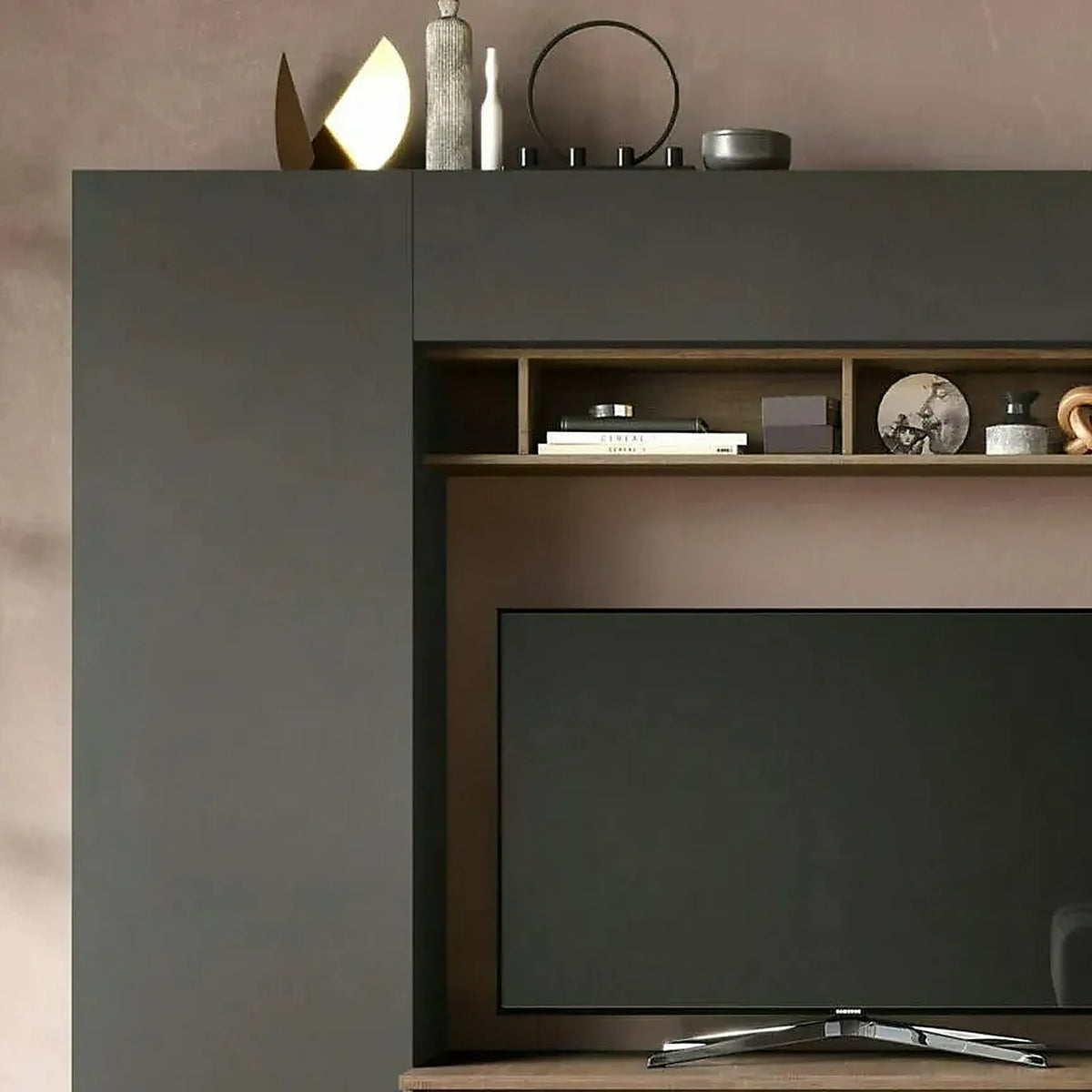 Parete attrezzata federica in finitura Lava e Mercure con vano porta TV.