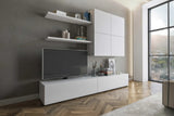 Parete attrezzata Morena finitura bianco frassino con base porta TV, pensili e mensole.