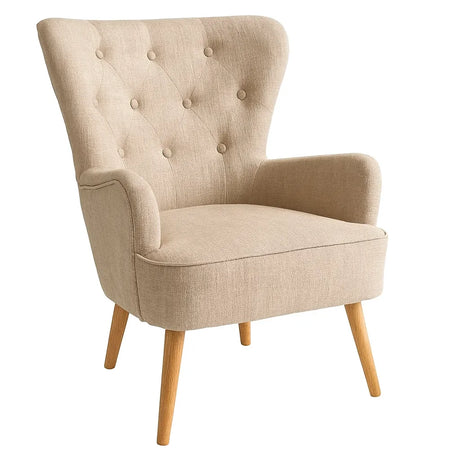 Poltrona Giulietta in tessuto Oxford antimacchia con schienale ergonomico trapuntato e piedini in legno, ideale per soggiorno, studio o camera da letto.