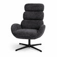 Poltrona Kate girevole in tessuto grigio con schienale alto imbottito e base in metallo nero design moderno