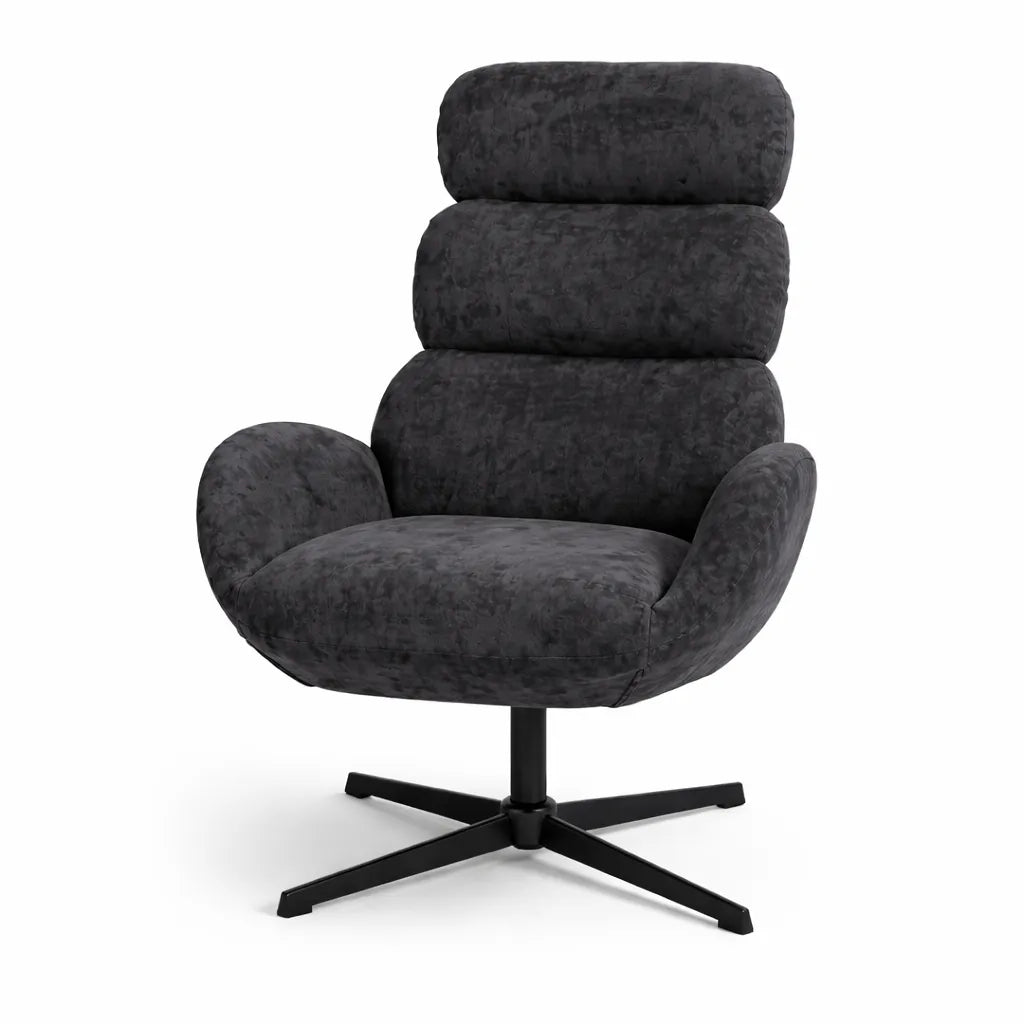 Poltrona Kate girevole in tessuto grigio con schienale alto imbottito e base in metallo nero design moderno