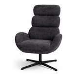 Poltrona Kate girevole in tessuto grigio con schienale alto imbottito e base in metallo nero design moderno