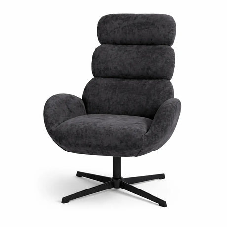 Poltrona Kate girevole in tessuto grigio con schienale alto imbottito e base in metallo nero design moderno
