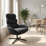 Poltrona Kate girevole in tessuto grigio con schienale alto imbottito e base in metallo nero design moderno