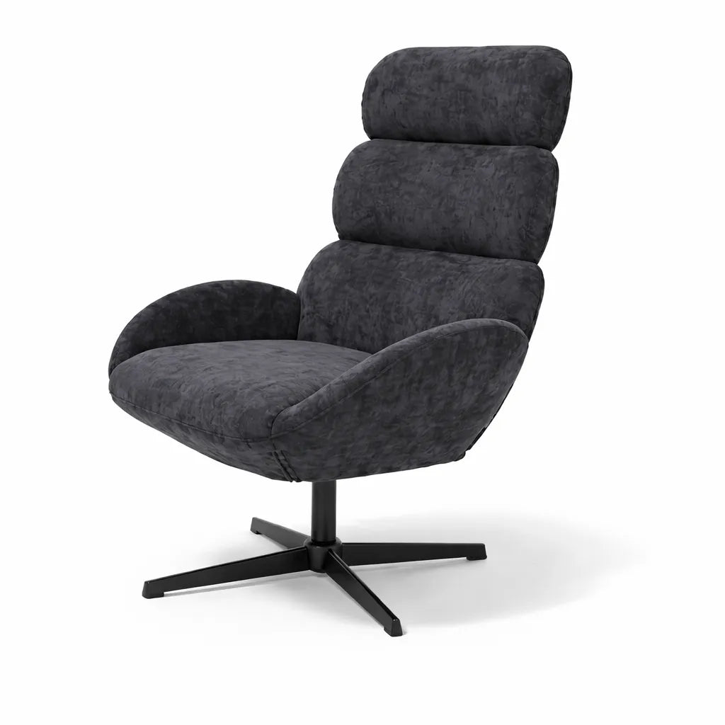 Poltrona Kate girevole in tessuto grigio con schienale alto imbottito e base in metallo nero design moderno