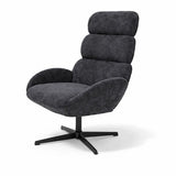 Poltrona Kate girevole in tessuto grigio con schienale alto imbottito e base in metallo nero design moderno