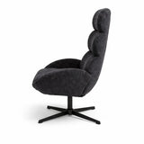 Poltrona Kate girevole in tessuto grigio con schienale alto imbottito e base in metallo nero design moderno