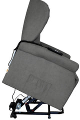 Poltrona reclinabile elettrica alzapersona in tessuto, disponibile nei colori grigio e tortora, con telecomando e meccanismo relax motorizzato.