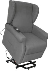 Poltrona reclinabile elettrica alzapersona in tessuto, disponibile nei colori grigio e tortora, con telecomando e meccanismo relax motorizzato.
