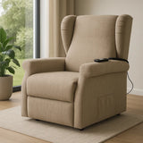 Poltrona reclinabile elettrica alzapersona in tessuto, disponibile nei colori grigio e tortora, con telecomando e meccanismo relax motorizzato.