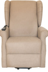 Poltrona reclinabile elettrica alzapersona in tessuto, disponibile nei colori grigio e tortora, con telecomando e meccanismo relax motorizzato.