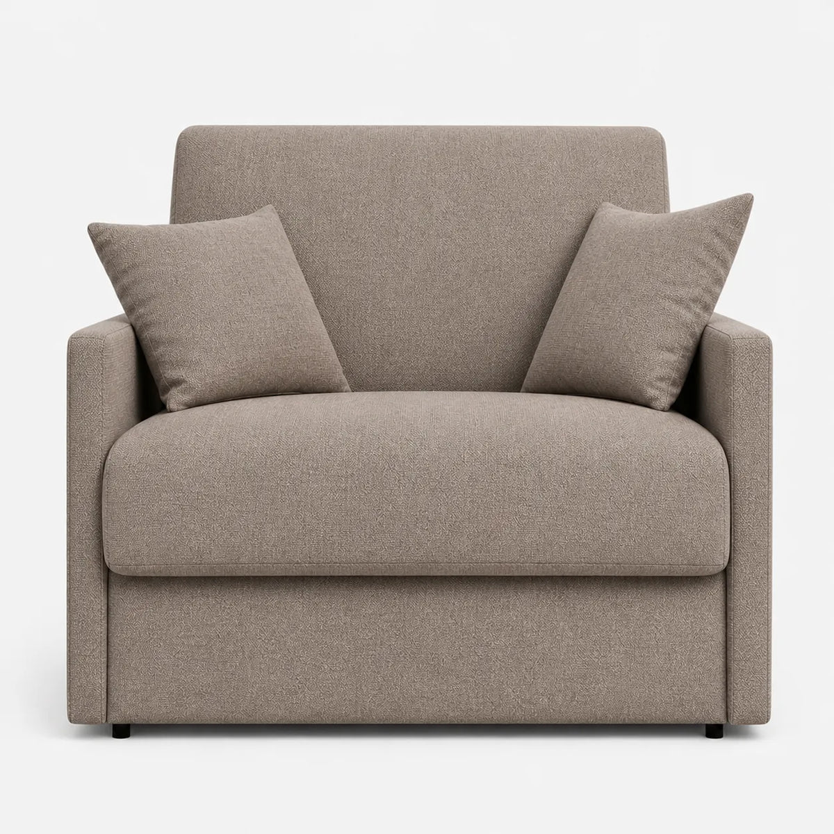 Poltrona letto trasformabile con materasso alto 18 cm e rivestimento in tessuto idrorepellente e antimacchia in vari colori.