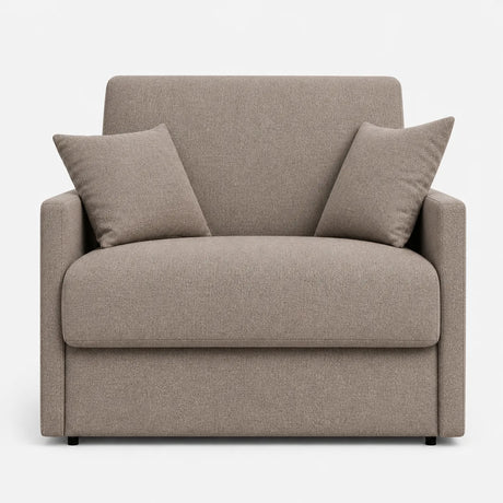 Poltrona letto trasformabile con materasso alto 18 cm e rivestimento in tessuto idrorepellente e antimacchia in vari colori.