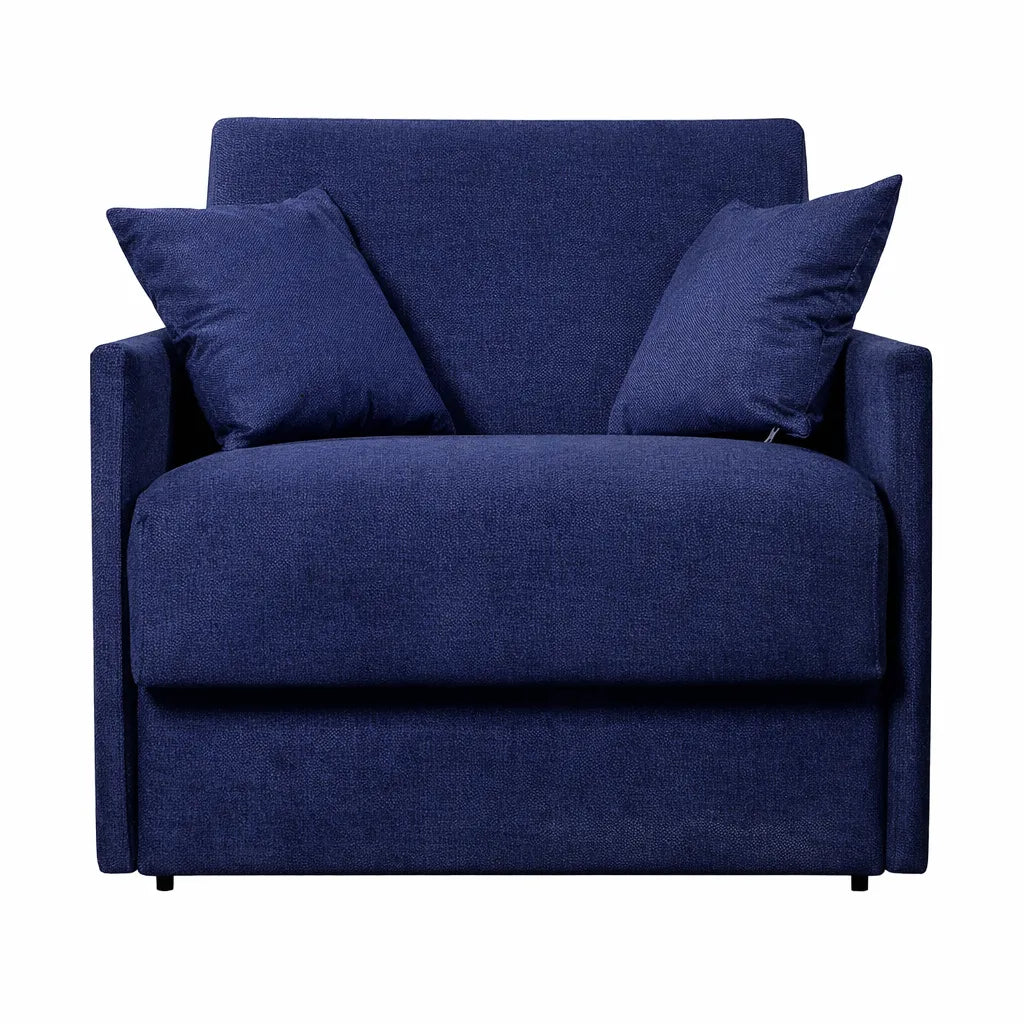 Poltrona letto trasformabile con materasso alto 18 cm e rivestimento in tessuto idrorepellente e antimacchia in vari colori.